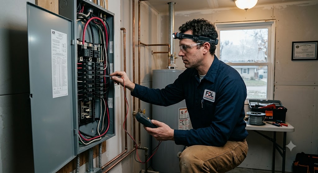 licensed electrician inspecting electrical panel Fond du Lac Wisconsin