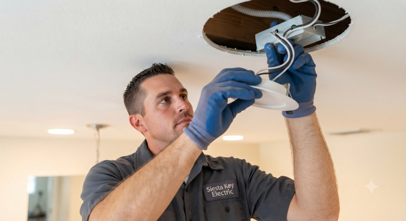 Electrician installing a canless LED recessed light in a ceiling in Sarasota FL