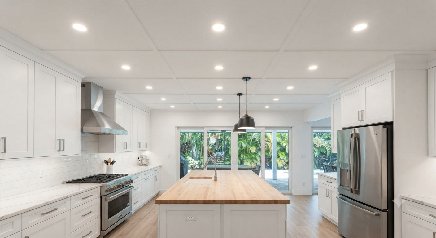 LED recessed lights evenly spaced in a modern kitchen ceiling
