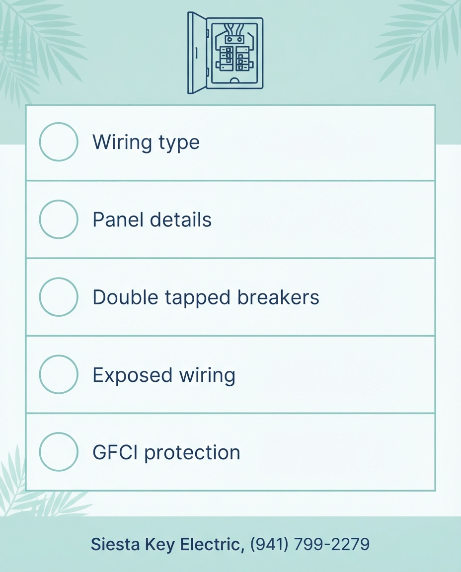Checklist of what a Florida 4 point inspector checks in the electrical system, including wiring type, panel brand, breakers, and GFCI protection
