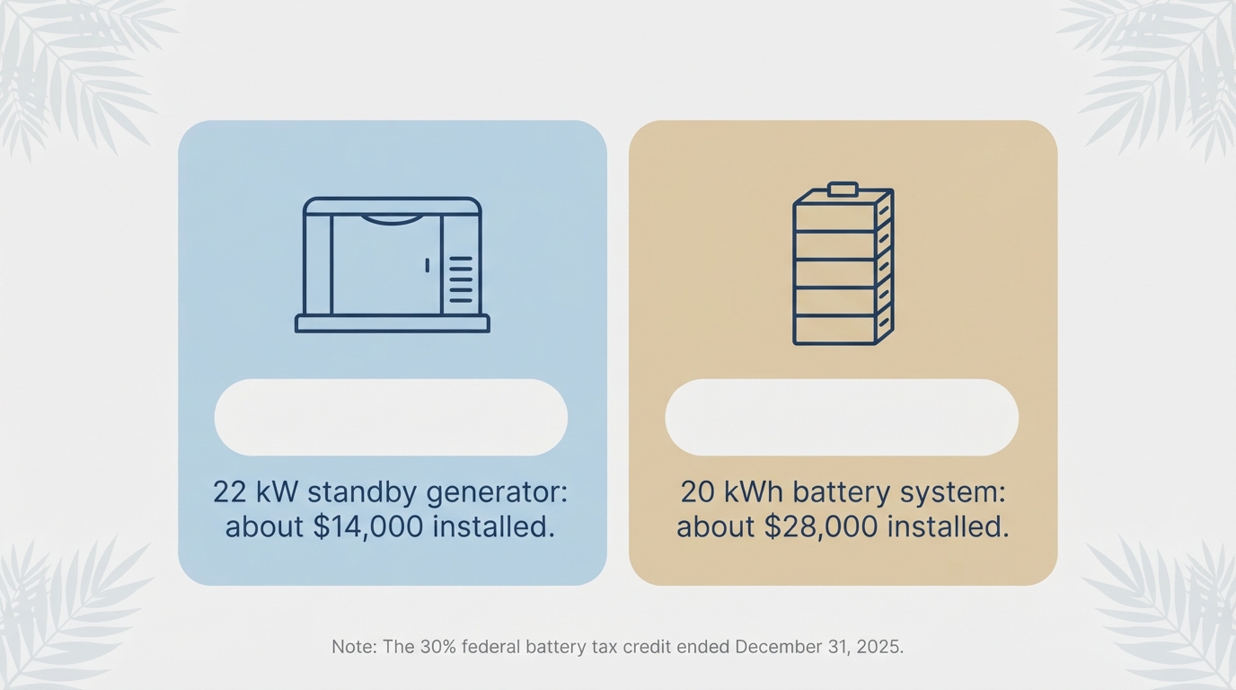 Cost comparison of a 22 kilowatt standby generator at about $14,000 and a 20 kilowatt hour battery system at about $28,000
