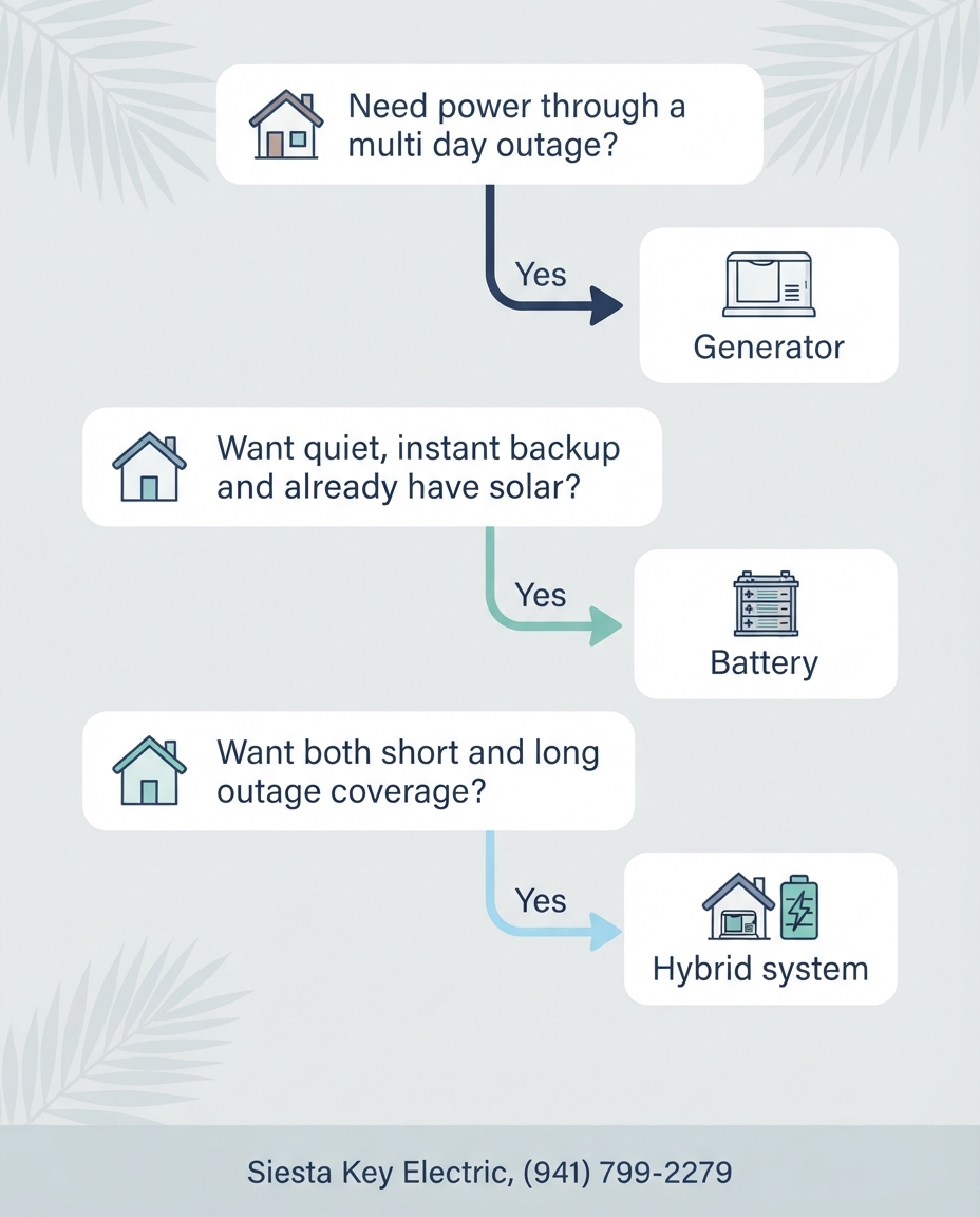 Decision guide helping Siesta Key homeowners choose between a battery backup, a standby generator, or both