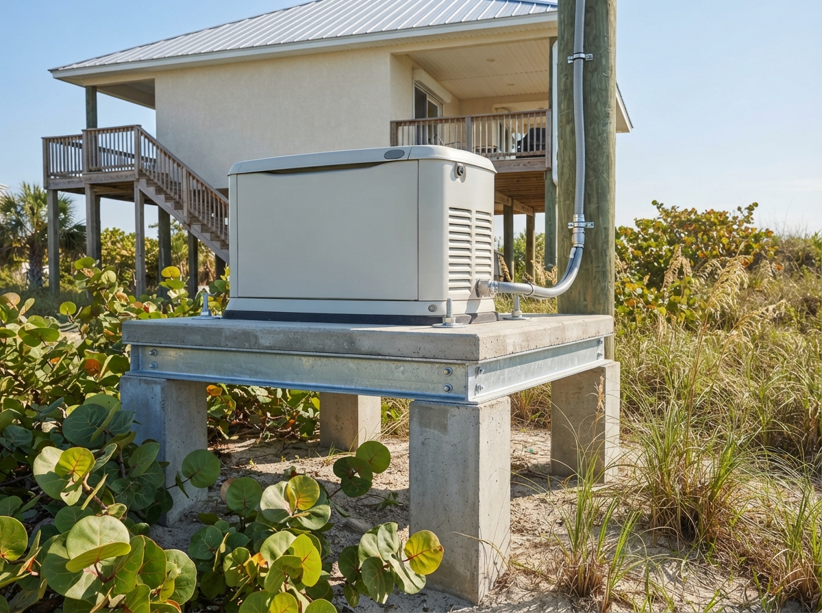 Standby generator on an elevated platform above flood level with stainless steel anchors on a Siesta Key property