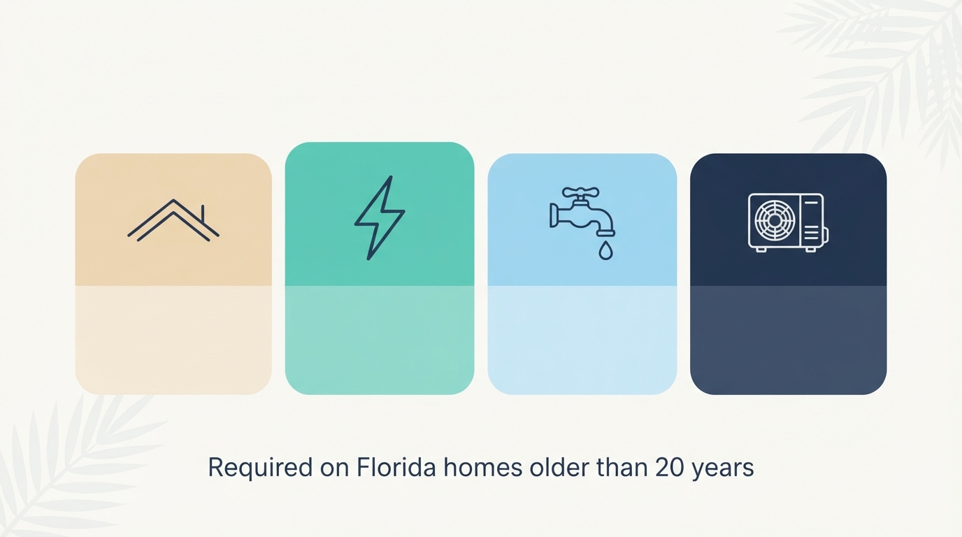 Graphic showing the four systems in a Florida 4 point inspection: roof, electrical, plumbing, and HVAC