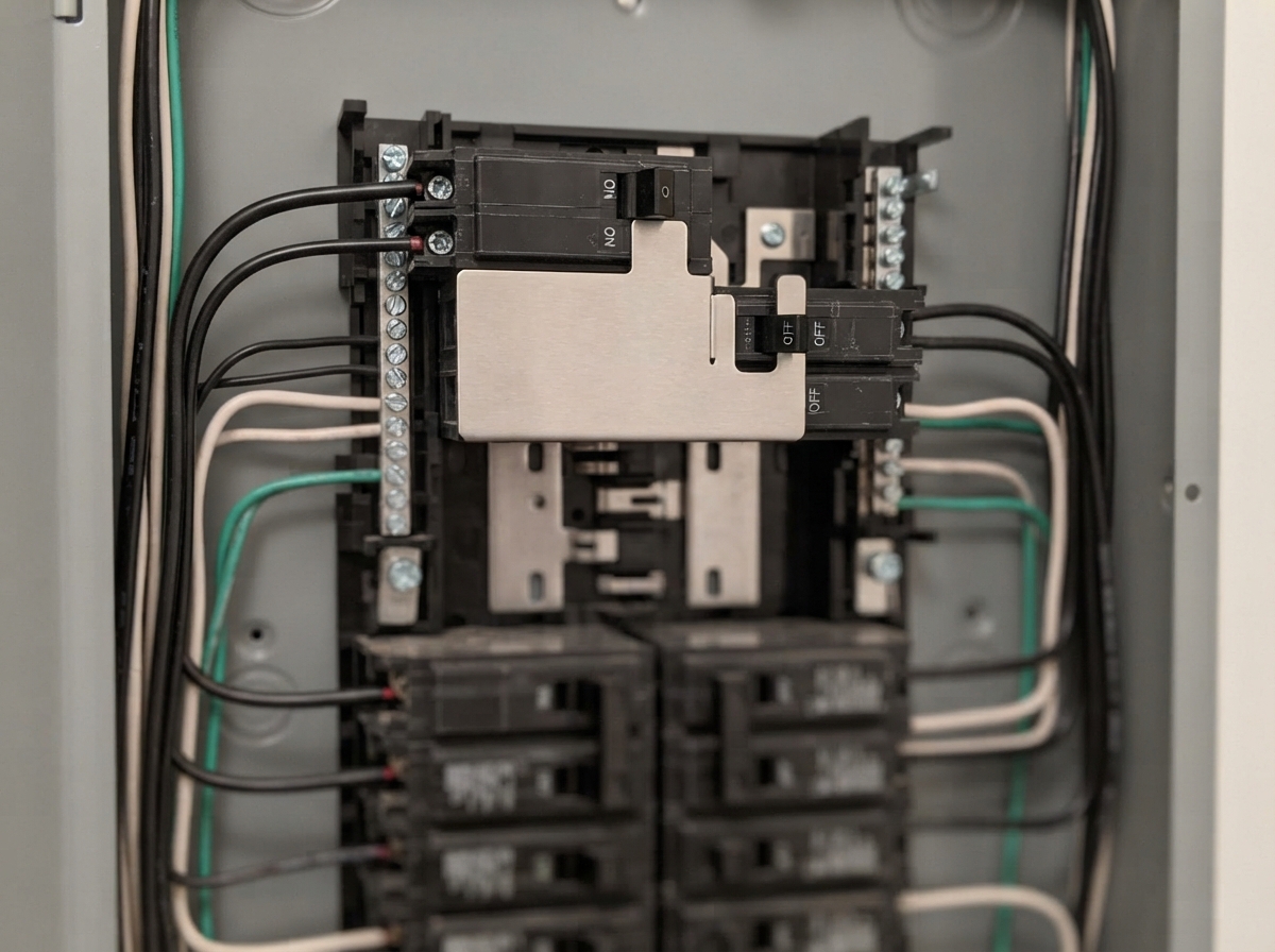 Generator interlock plate mounted on a residential panel cover, blocking the main breaker when the generator breaker is on