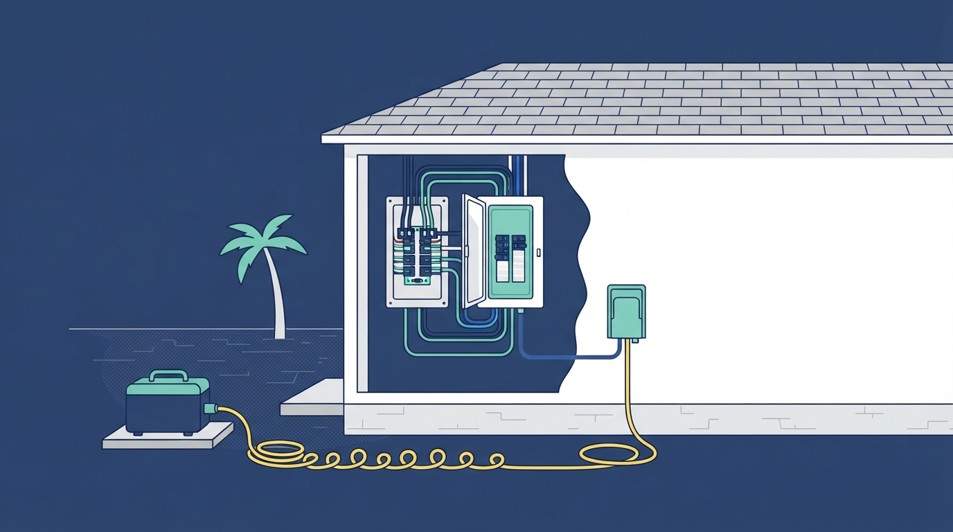 Diagram showing a portable generator connected by cord to an outdoor inlet box, then to the generator breaker and interlock plate inside the home panel