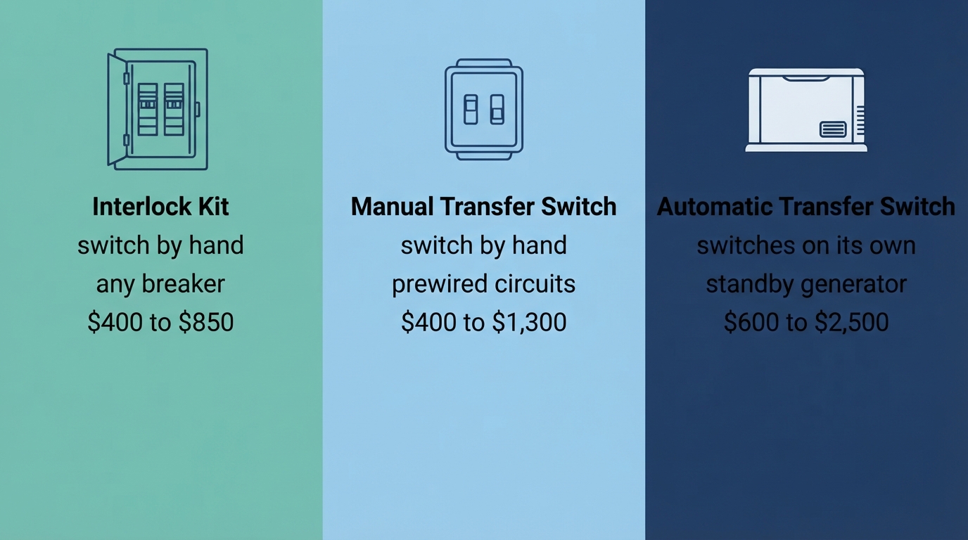 Comparison of a generator interlock kit, a manual transfer switch, and an automatic transfer switch by cost and switching method