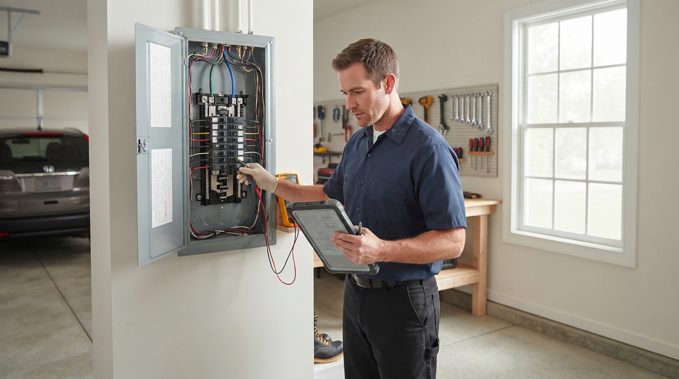 Licensed electrician running a load calculation at a home electrical panel to size a standby generator
