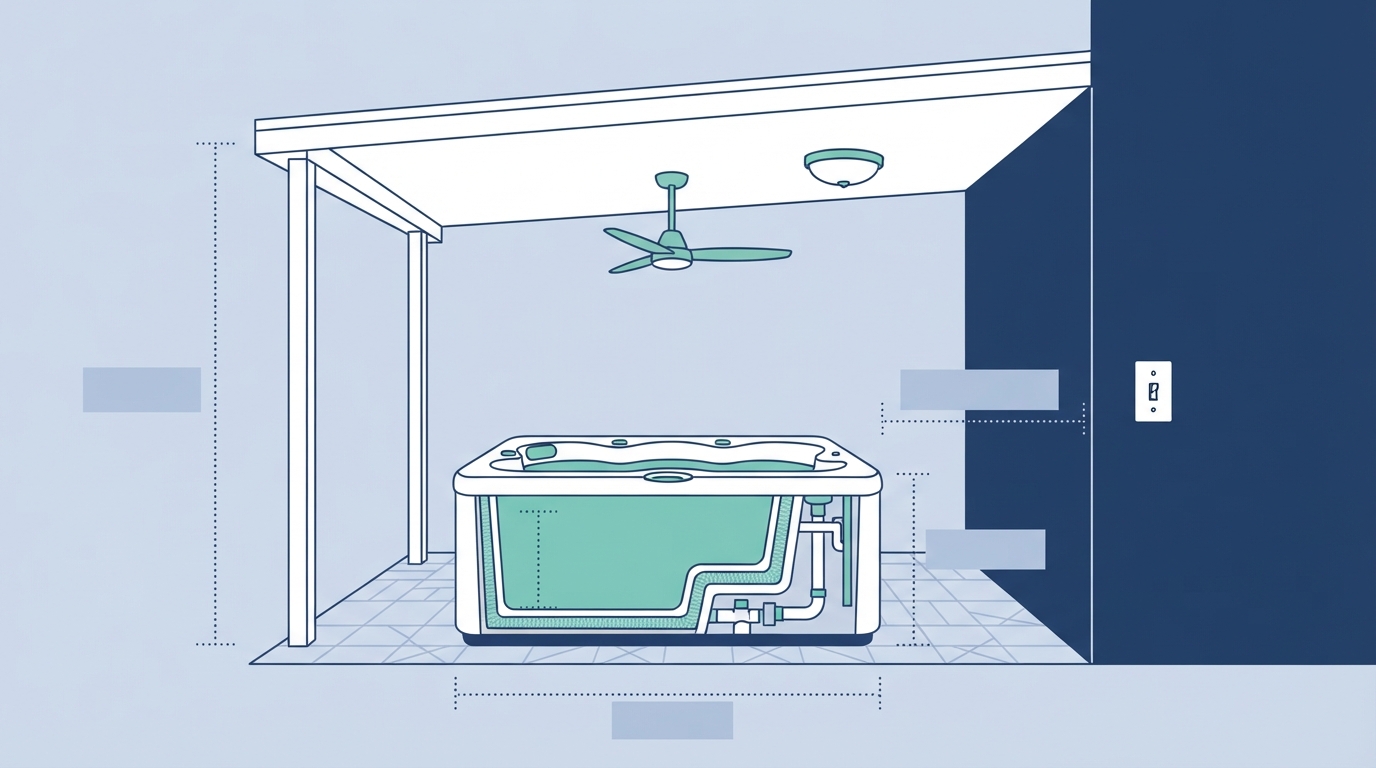 Side view diagram showing NEC 680 clearance heights for lights and fans near a hot tub and switch distance from the spa