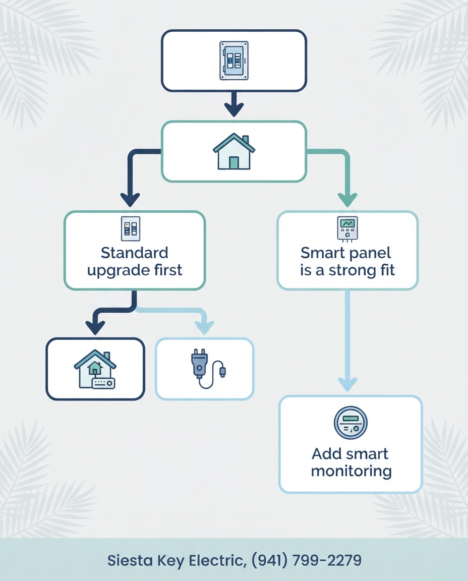 Decision guide helping Siesta Key homeowners choose between a smart panel, a standard panel upgrade, or both