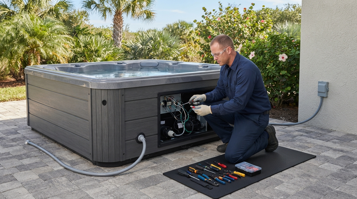 Licensed electrician wiring a dedicated GFCI circuit for a hot tub at a Sarasota home