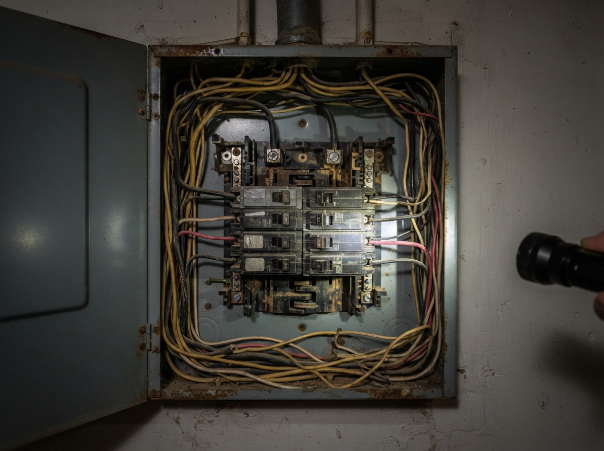 Outdated original breaker panel with worn breakers in an older Sarasota home, the type 4 point inspectors flag for replacement