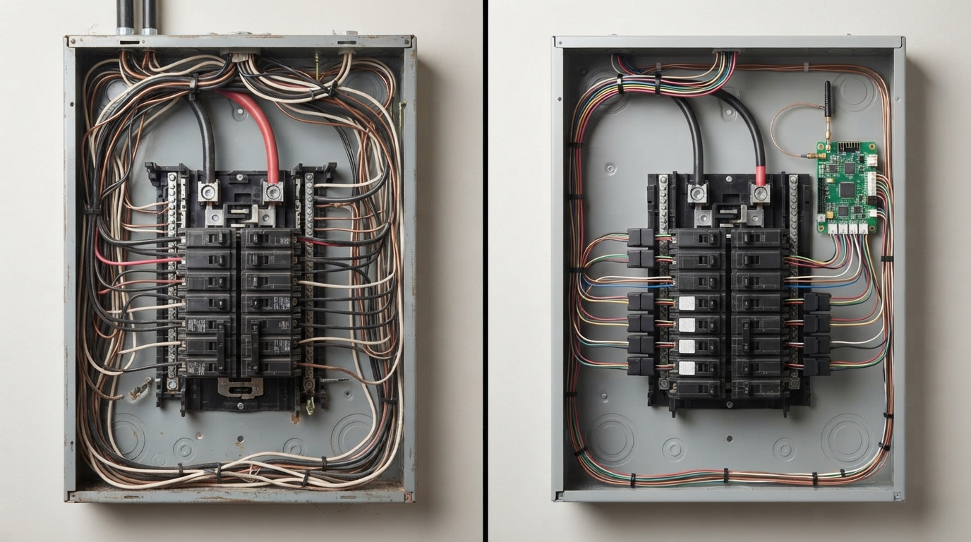 Standard mechanical breaker panel beside a smart panel with circuit sensors and a communication board