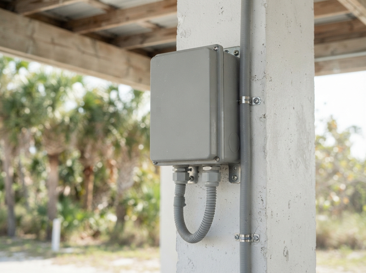 EV charger installation in a Siesta Key condo parking garage with a Gulf view